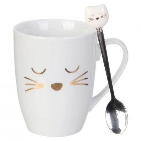 Coffret mug 35 cl en céramique avec cuillère collection CAT personnage chat blanc