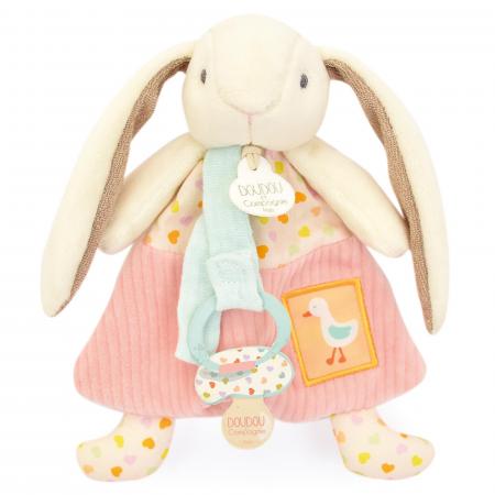 Doudou attache-sucette lapin Ciboulette 19 cm polyester collection DANS MON JARDIN rose