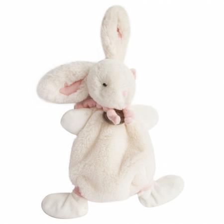 Doudou lapin plat 26 cm polyester collection LAPIN BONBON blanc/rose