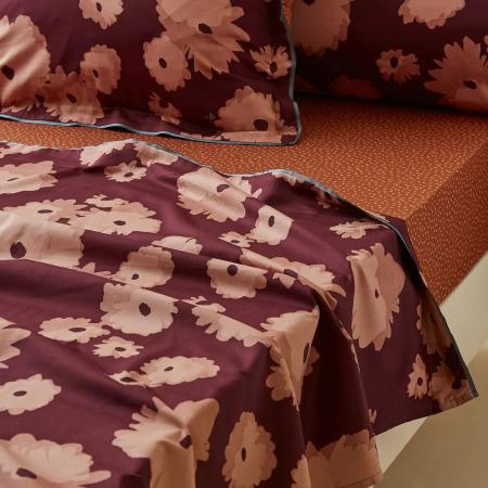 Drap plat 270x310 cm satin de coton COUP DE FOUDRE prune/caramel