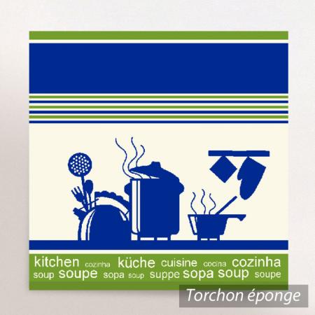 Torchon en éponge STOVE - 50x50 cm, motif cuisson - Bleu / Vert