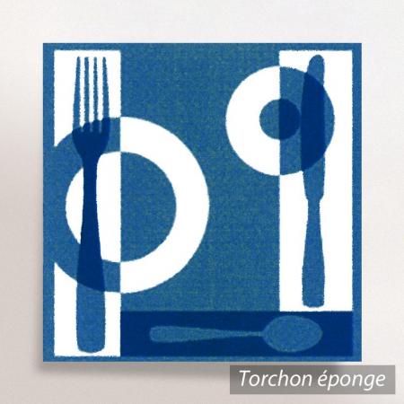 Torchon en éponge TABLE - motif couverts - bleu - 50x50 cm