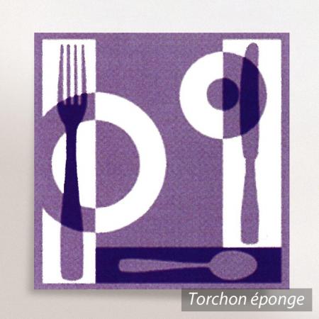 Torchon en éponge TABLE - motif couverts - violet - 50x50 cm