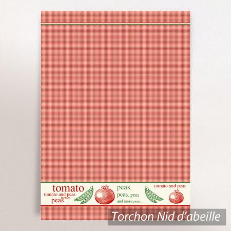 Torchon SALAD nid d'abeille - motif petits pois et tomate - Rouge / vert / ecru - 50x70 cm