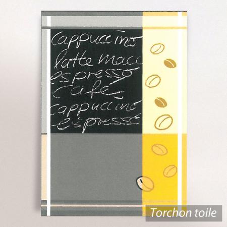 Torchon en toile CAFÉ - motif grains café - marron - gris / jaune - 50x70 cm