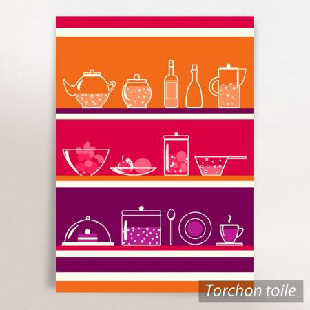 Torchon en toile IKO - motif ustensiles de cuisine - Mauve / orange - 50x70 cm