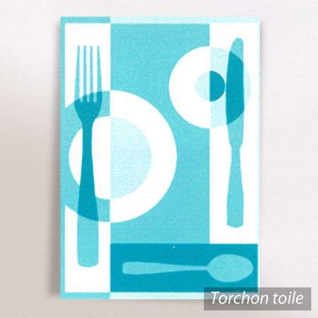 Torchon en toile TABLE - motif couverts - bleu - 50x70 cm