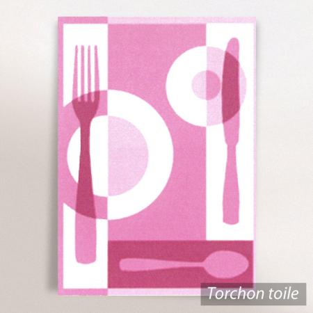 Torchon en toile TABLE - motif couverts - rose - 50x70 cm