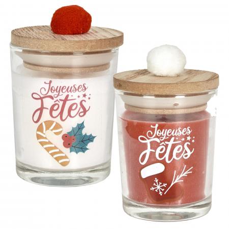 Lot de 2 bougies parfumée de Noël avec pompom 12h SWEET POMPOM  à la cire de paraffine senteur sapin de Noël