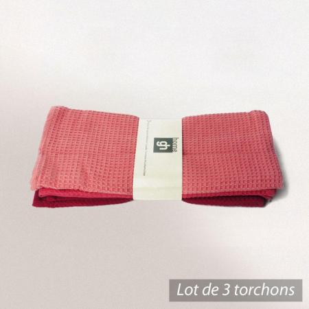 Lot de 3 torchons nid d'abeille Cocina - rouge et rosé - 50x70 cm