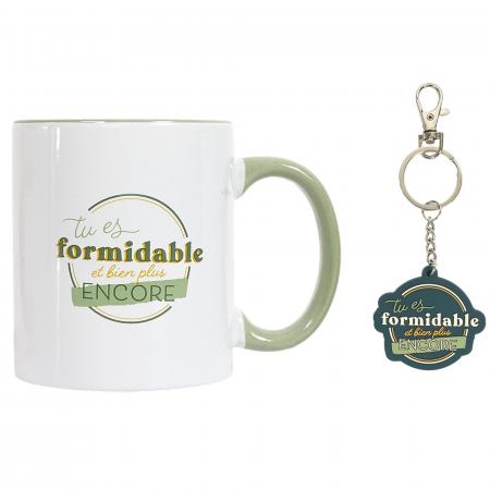 Mug en céramique 30 cl et son porte clé collection PAMPELONNE vert