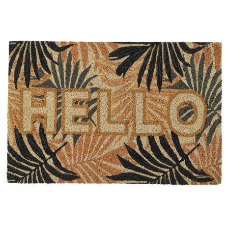 Paillasson en fibre de coco 40x60 cm collection JOYE modèle "Hello" motif tropical marron