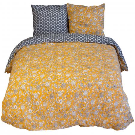 Parure de lit 240x220 cm pur coton ASCHWINI motif floral jaune 3 pièces