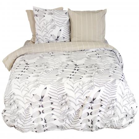 Parure de lit 260x240 cm pur coton ALIX motif végétation blanc et noir 3 pièces