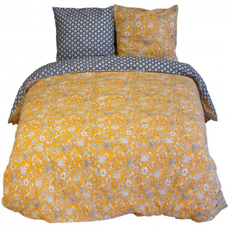 Parure de lit 260x240 cm pur coton ASCHWINI motif floral jaune 3 pièces