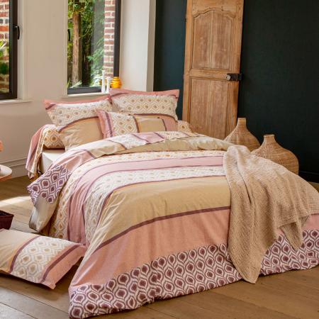 Parure de lit 3 pièces : housse 200x200 cm et taies 65x65 cm 100% coton INOUK rose/beige