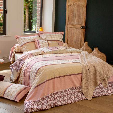 Parure de lit 3 pièces : housse 240x220 cm et taies 50x70 cm 100% coton INOUK rose/beige