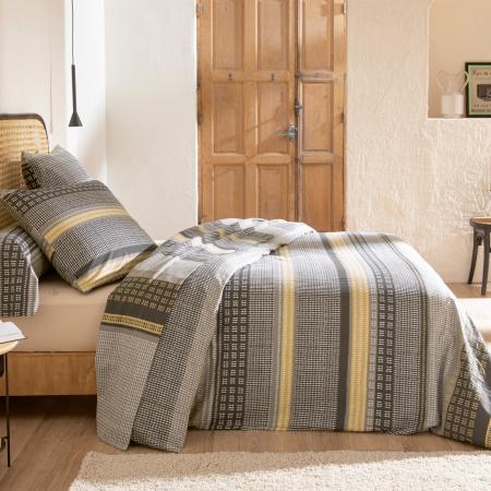 Parure de lit 3 pièces : housse 260x240 cm taies 65x65 cm 100% flanelle de coton JULES gris/jaune