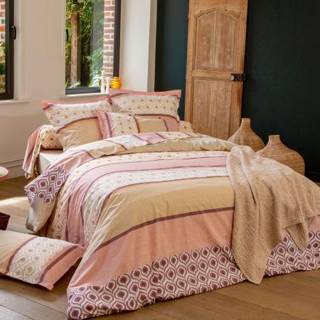 Parure de lit 3 pièces : housse 280x240 cm et taies 65x65 cm 100% coton INOUK rose/beige