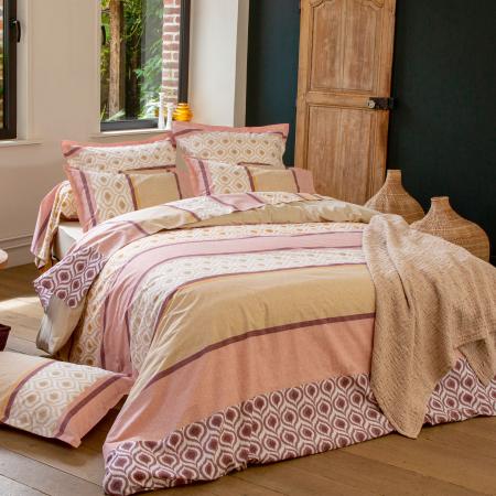 Parure de lit 3 pièces : housse 300x240 cm et taies 50x70 cm 100% coton INOUK rose/beige