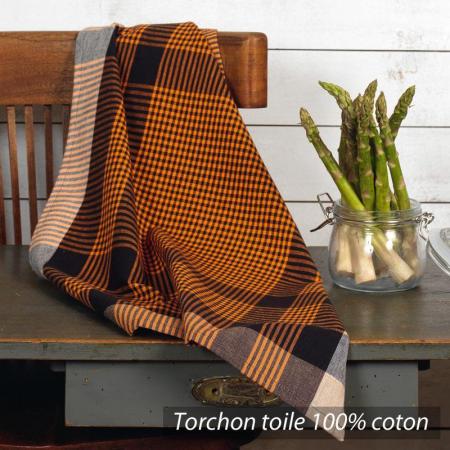 Lot de 2 torchons toile Cocina imprimé carreaux noir et orange - 50x70 cm