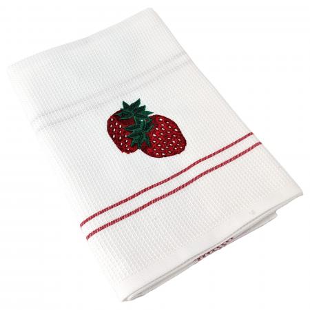 Torchon de cuisine 50x70 cm WAFFLE BRODÉ coton blanc rouge avec broderie fraise