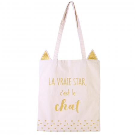 Tote Bag jonc de mer et polyester " la vraie star c'est le chat" collection CAT 36x74 cm blanc