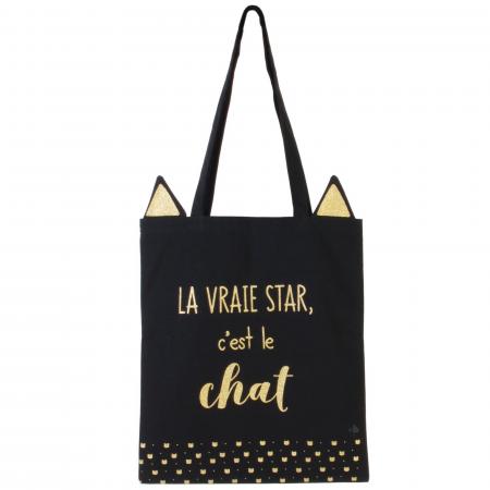 Tote Bag jonc de mer et polyester "la vraie star c'est le chat" collection CAT 36x74 cm noir