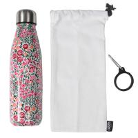 Coffret bouteille isotherme en acier inoxydable avec étui en coton et mousqueton 50cl MARJOLAINE motif floral rose