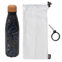 Coffret bouteille isotherme en acier inoxydable avec étui en coton et mousqueton 50cl MELISSE motif floral bleu