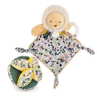 Ensemble balle sensorielle + doudou hochet polyester collection DUO BOH'AIME lion jaune 2 pièces