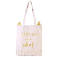 Tote Bag jonc de mer et polyester " la vraie star c'est le chat" collection CAT 36x74 cm blanc